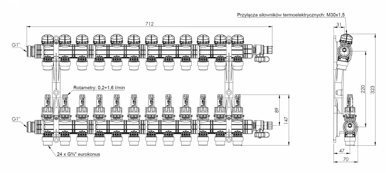 ProCalida EF1 K 12 obiegów grzewczych, G1", 0,2÷1,6 l/min - budowa