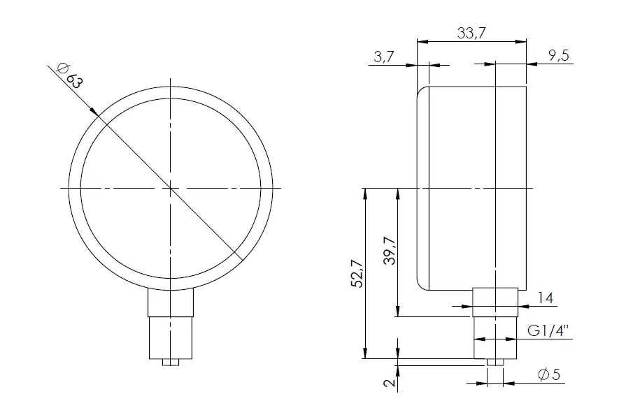 Manometr puszkowy KP 63, D201, fi63 mm, -25÷0 mbar, G1/4", rad, kl. 1,6 - budowa