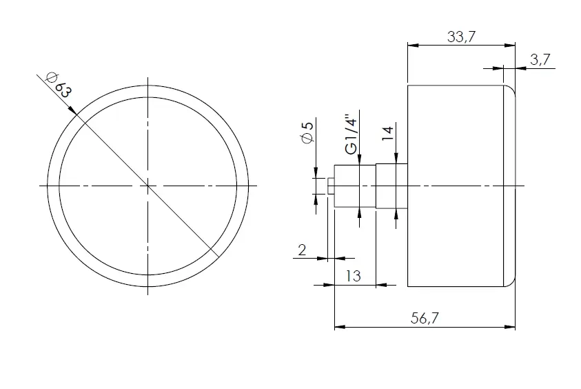 Manometr puszkowy KP 63, D211, fi63 mm, -40÷0 mbar, G1/4", ax, kl. 1,6 - budowa