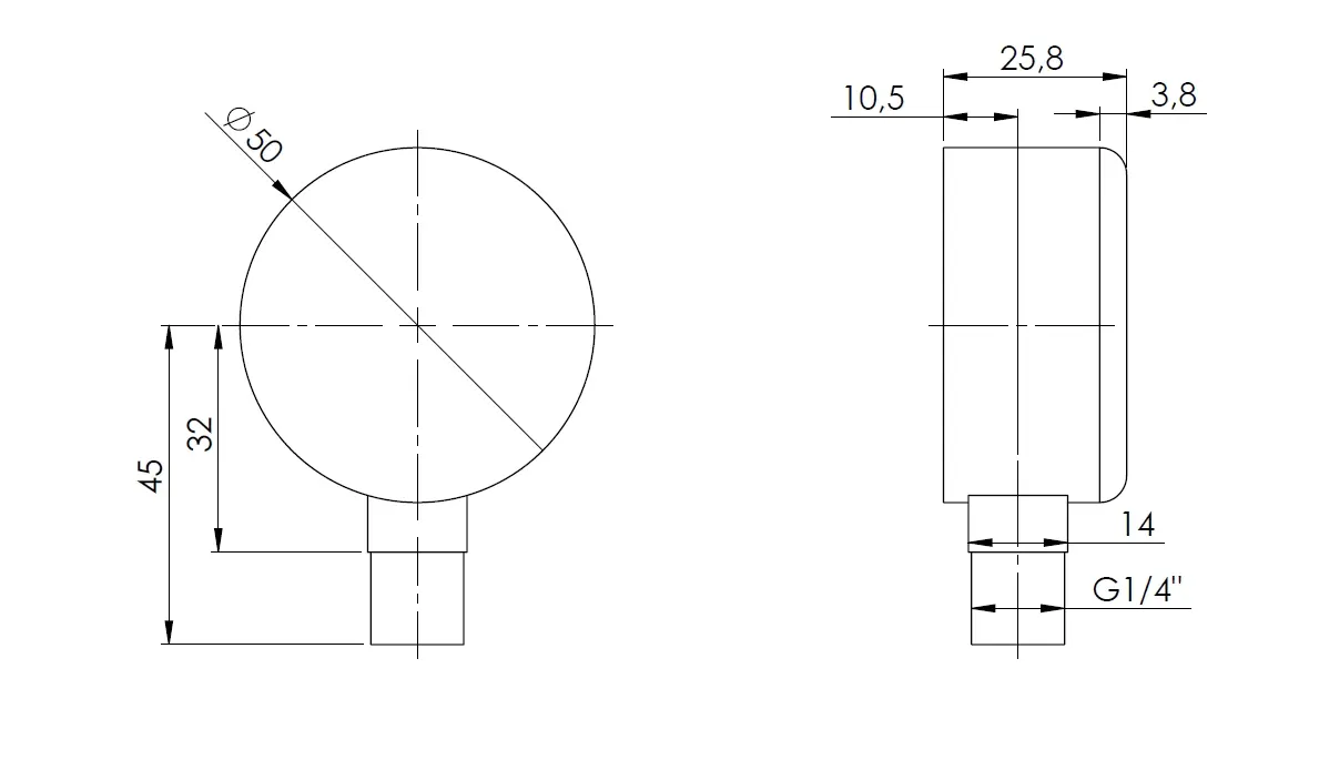 Manometr grzewczy RF 50, fi50 mm, 0÷10 bar, G1/4", rad, kl. 2,5 - budowa