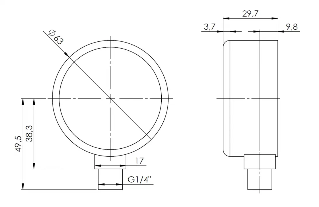 Manometr grzewczy RF 63, fi63 mm, 0÷2,5 bar, G1/4", rad, kl. 2,5 - budowa