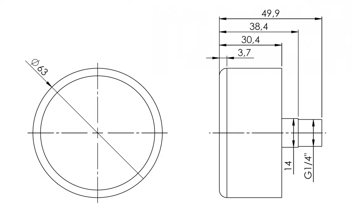Manometr grzewczy RF 63, fi63 mm, 0÷16 bar, G1/4", ax, kl. 2,5 - budowa