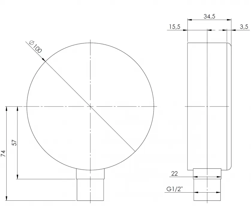 Manometr grzewczy RF 100, fi100 mm, -1÷0 bar, G1/2", rad, kl. 2,5 - budowa