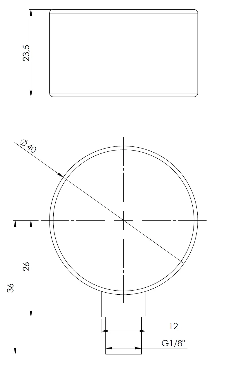 Manometr standardowy RF 40, D201, fi40 mm, 0÷2,5 bar, G1/8", rad, kl. 1,6 - budowa