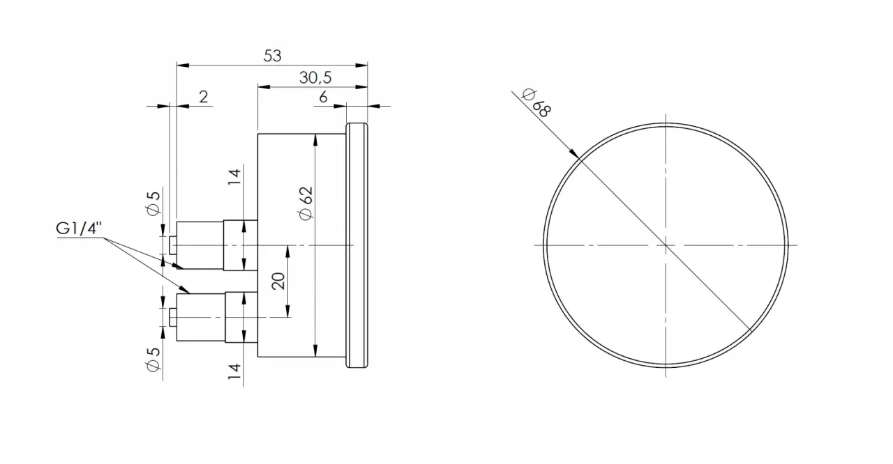 Manometr puszkowy KP 63 Dif, D911, fi63 mm, 0÷16 mbar, G1/4", ax, kl. 1,6 - budowa