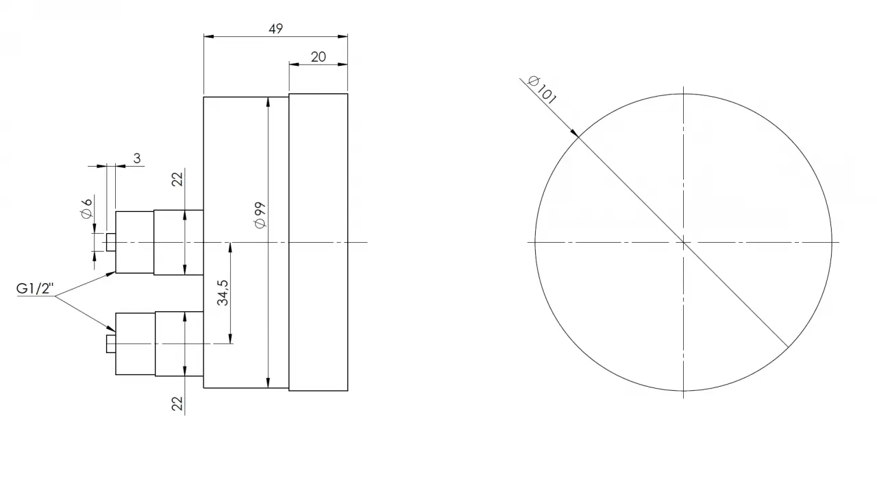 Manometr puszkowy KP 100 Dif, D411, fi100 mm, 0÷6 mbar, G1/2", ax, kl. 1,6 - budowa